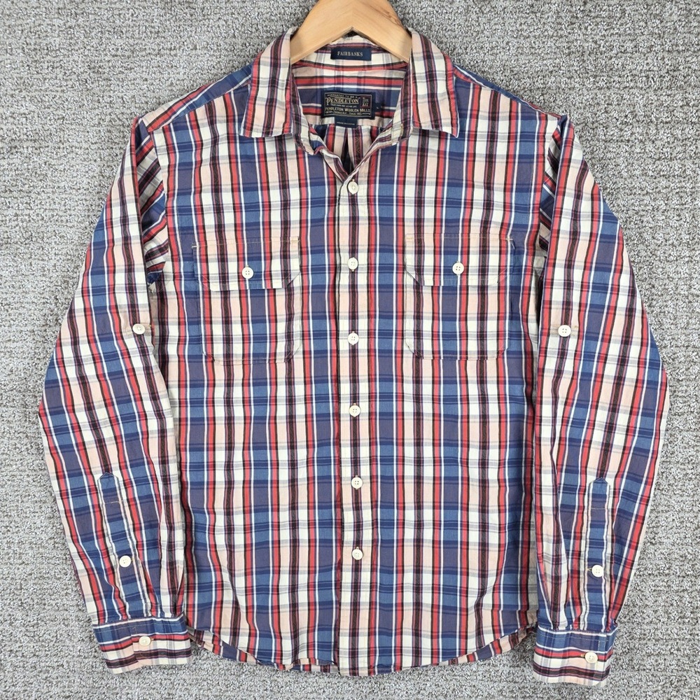 Pendleton Fairbanks Mens Large Plaid Button Down Shirt Blue Red‎ Roll Tab Sleeve